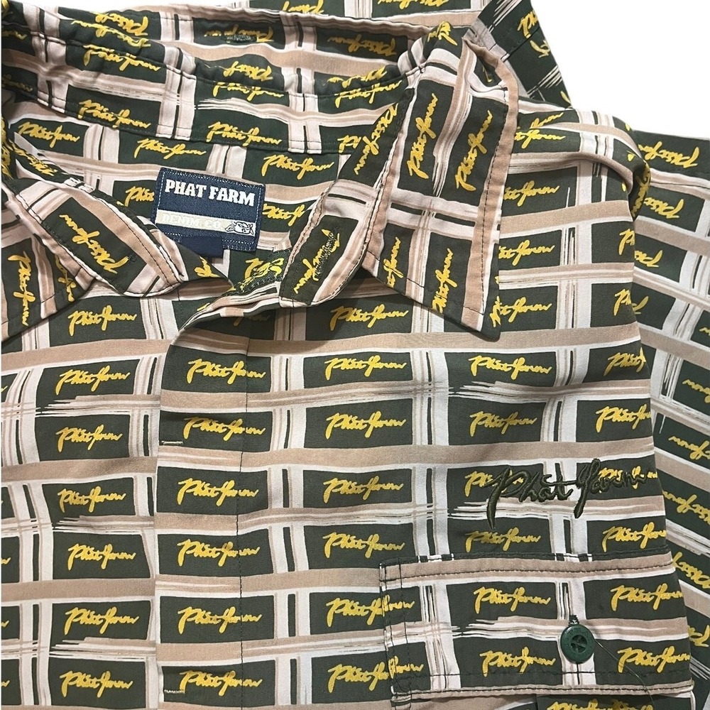 Phat Farm Button Down Shirt Mens XXXL Green All Over Logo Print Long Sleeve Y2K